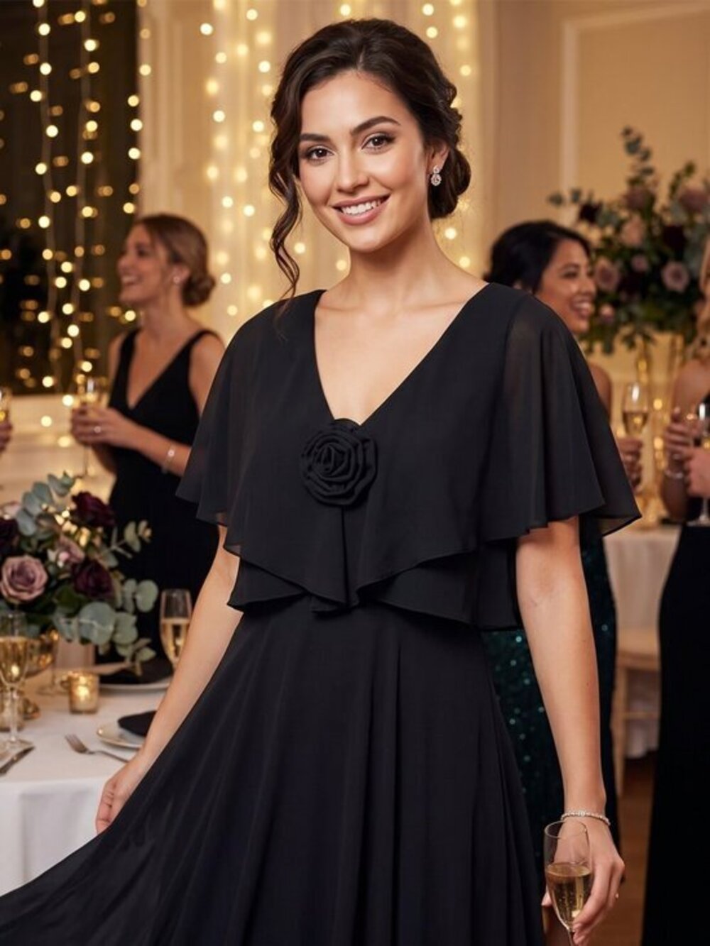 Vntg ann Hobbs for cattiva I.magnin black chiffon flower applique ruffle dress M